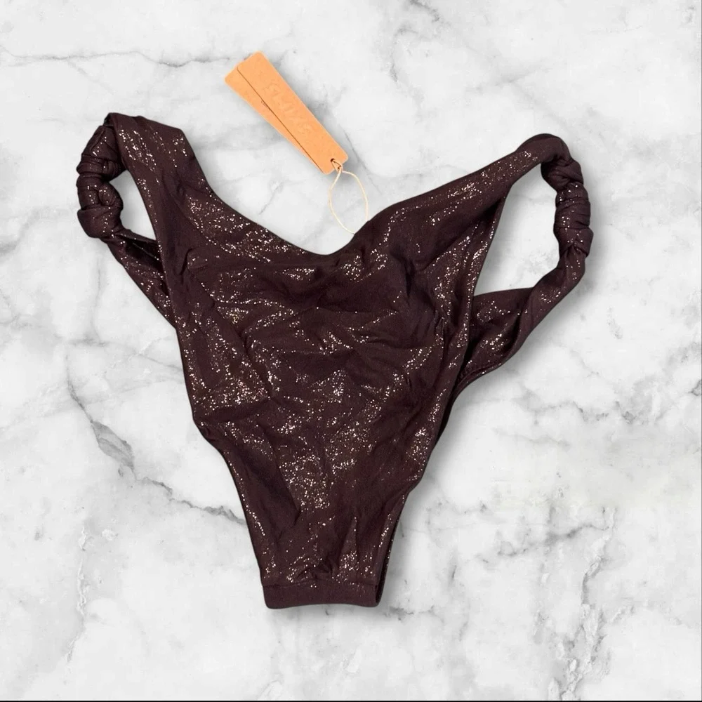 NWT Skims Liquid Shine Swim Knotted‎ Cheeky Tanga Bikini Bottom Onyx Size Medium
